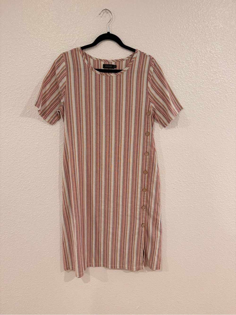 Roolee Pink & Cream Striped Side-Button Short Sleeve Dress